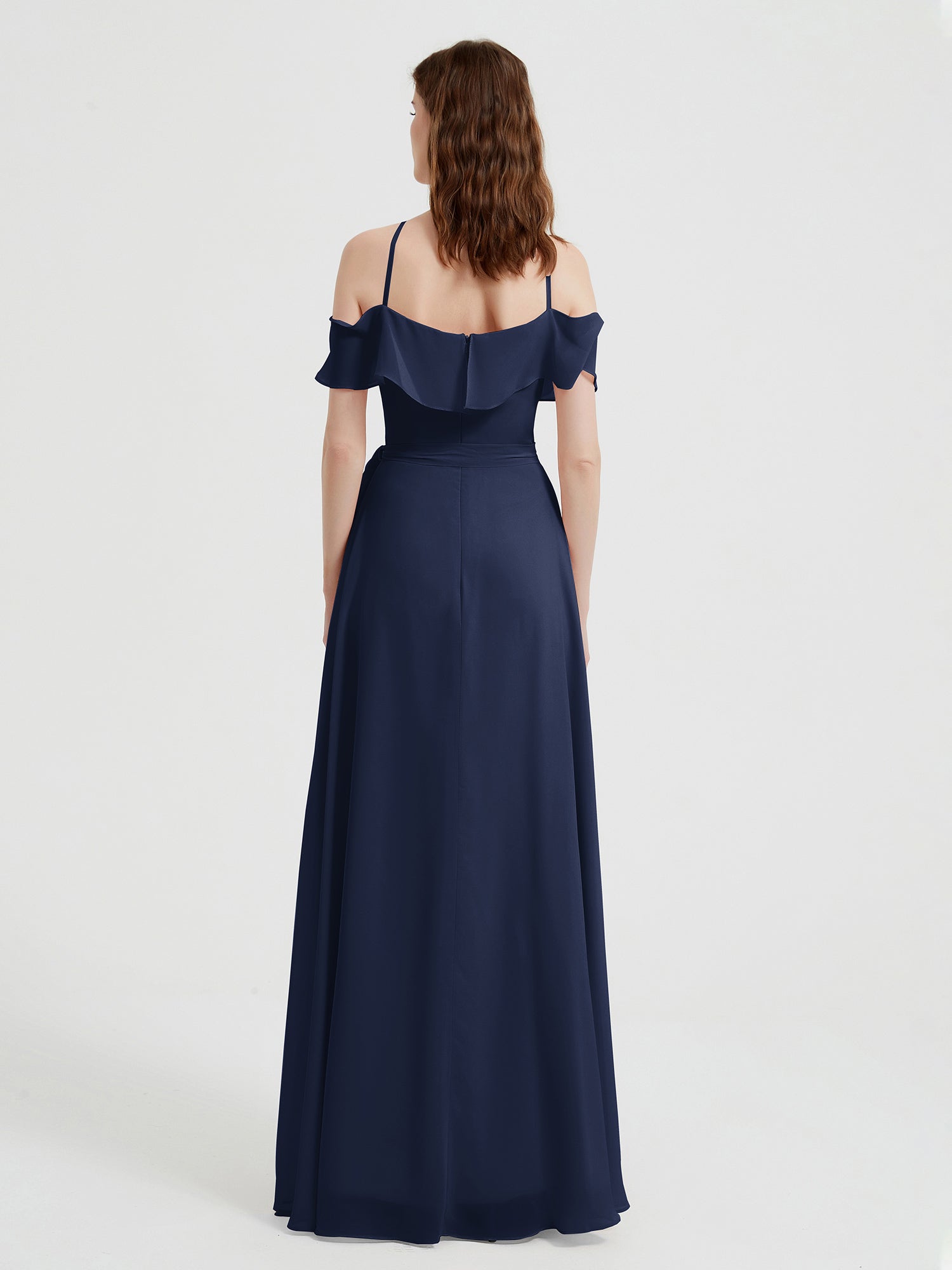 Y Neck Chiffon Dress with Ruffles Sleeves Dark Navy